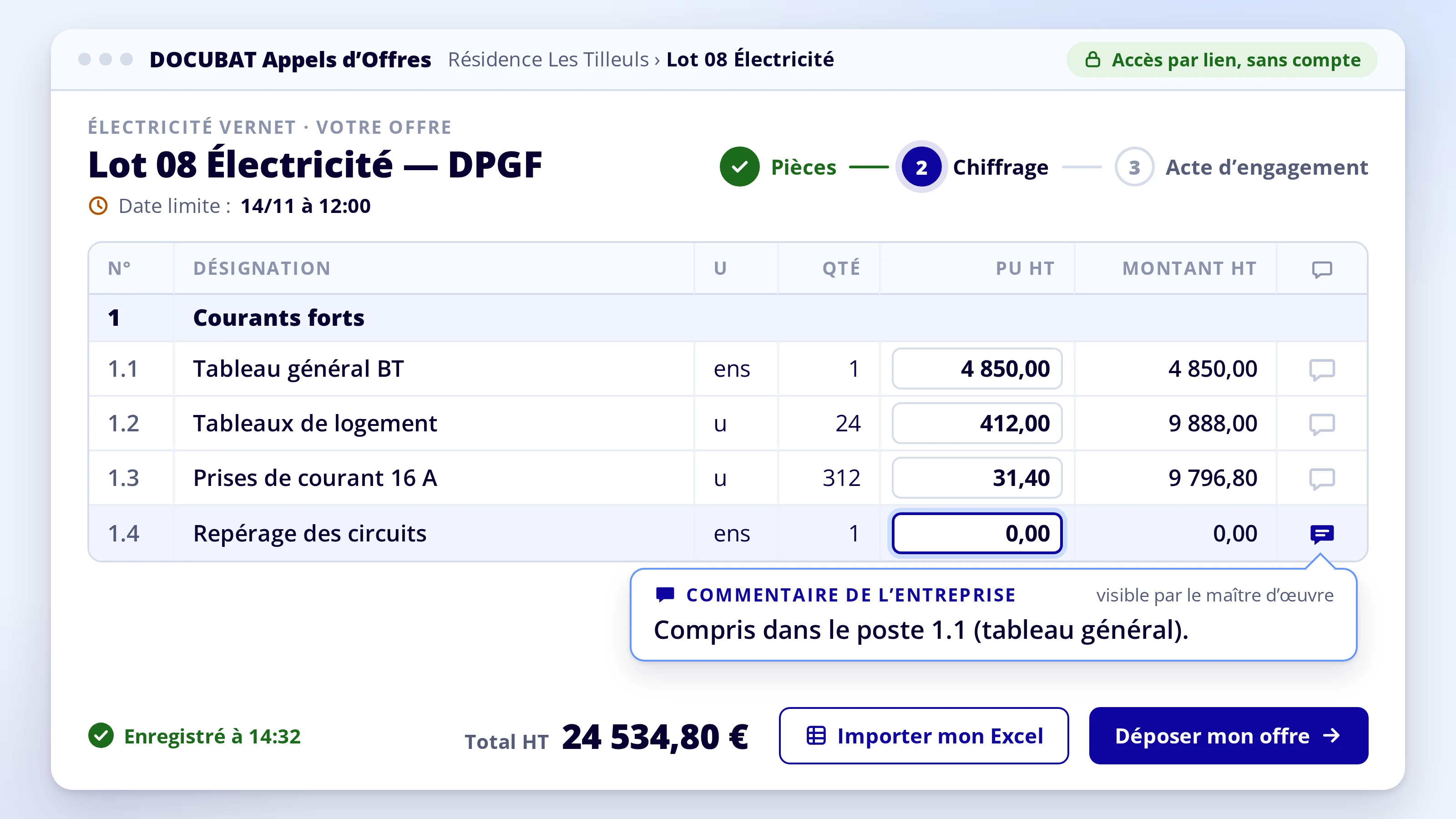 Vue entreprise : grille DPGF à chiffrer, avec un commentaire par ligne