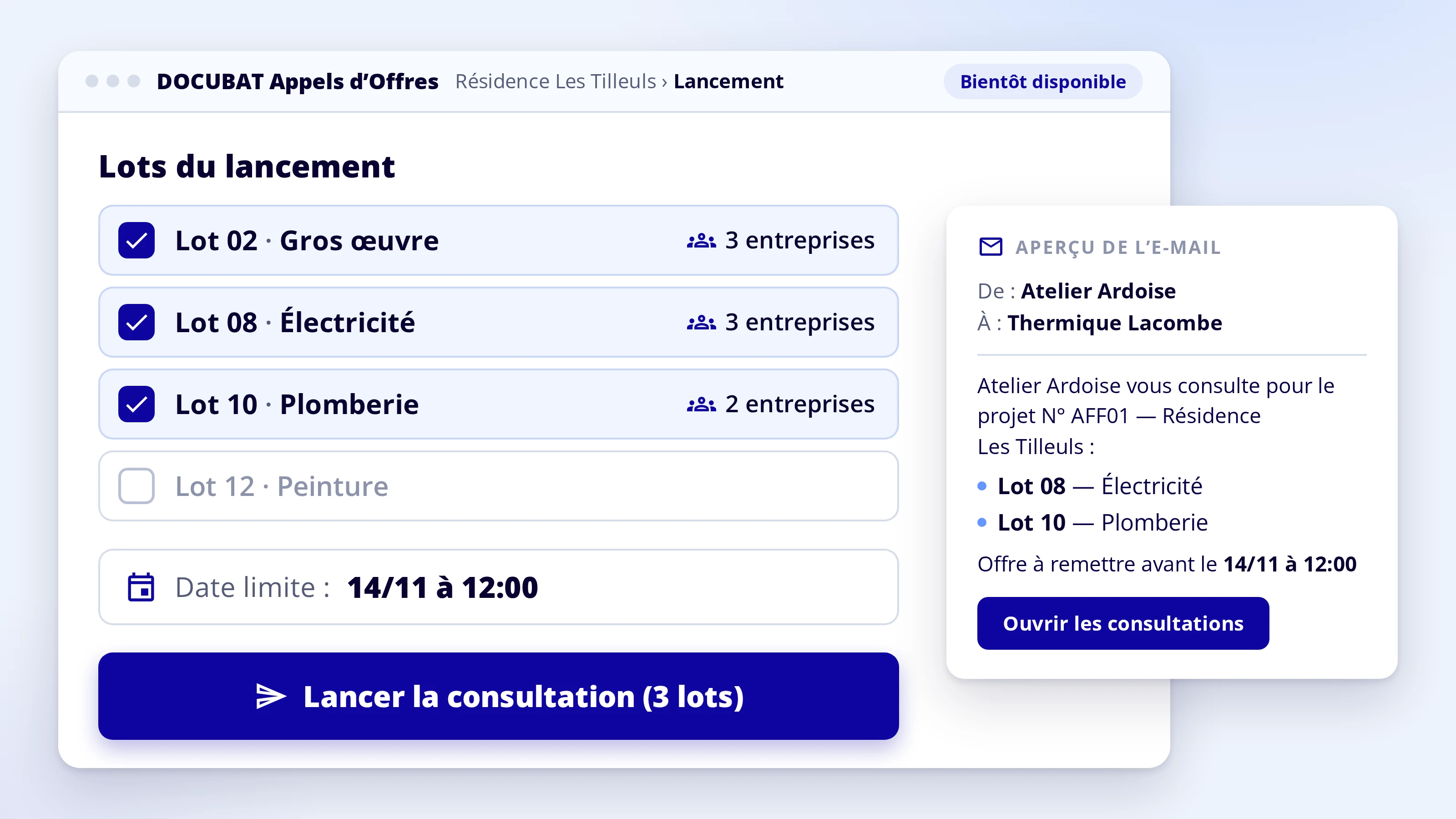 DOCUBAT Appels d’Offres, bientôt disponible : lancement d’une consultation sur plusieurs lots