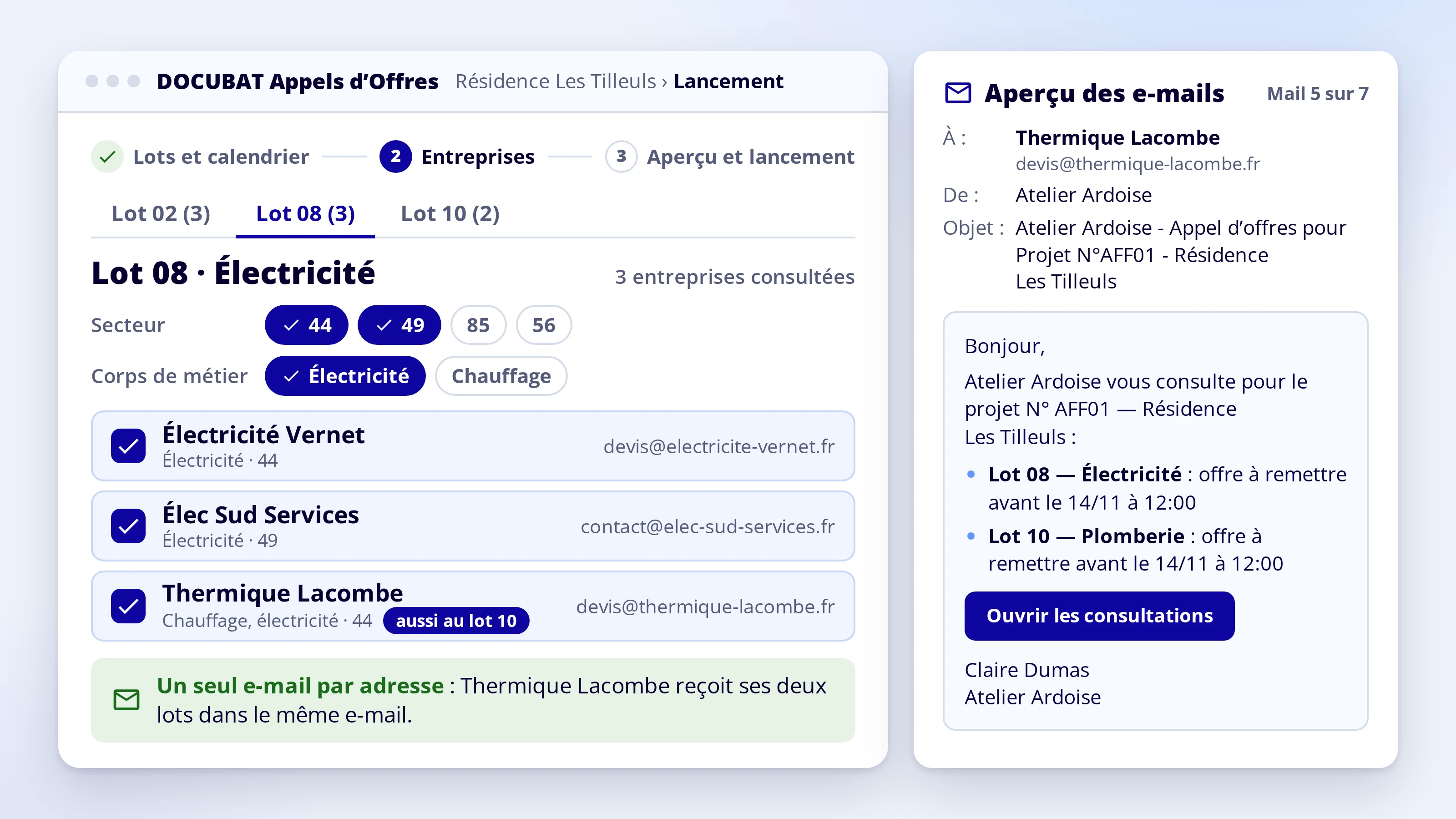 Lancement d’une consultation sur plusieurs lots, avec l’aperçu des e-mails avant l’envoi