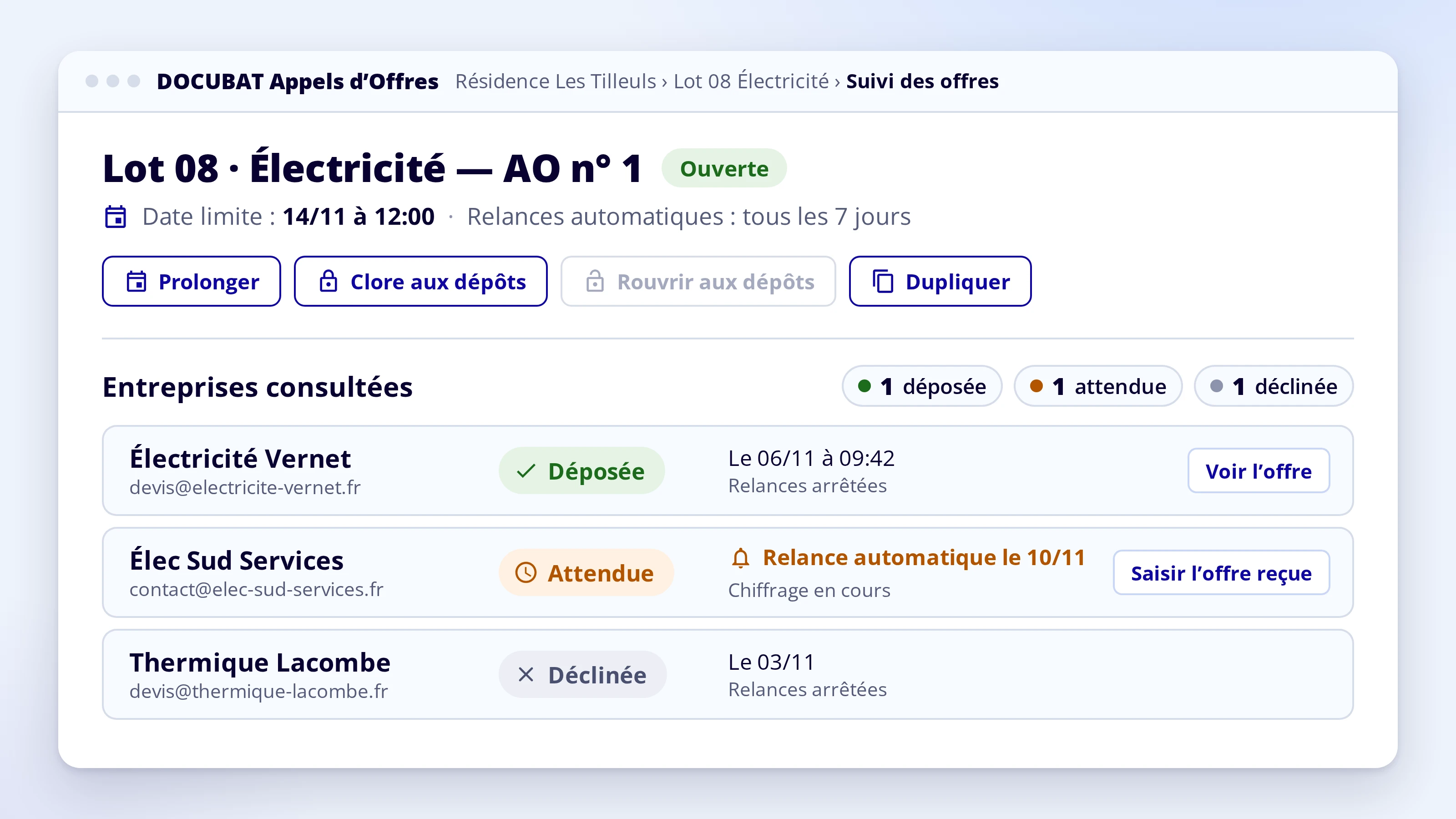 Suivi d’une consultation : réponse attendue, déposée ou déclinée pour chaque entreprise