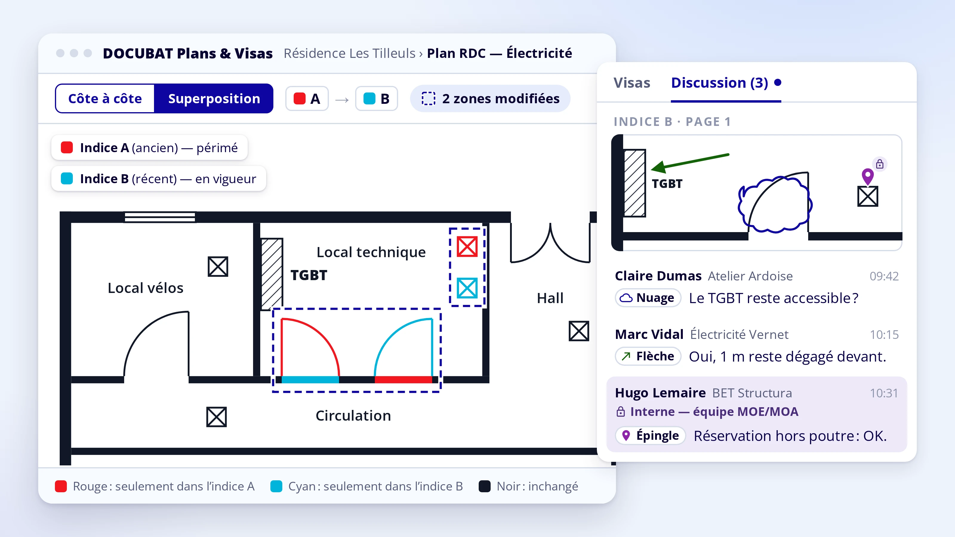 Comparaison de deux indices d’un plan en superposition, zones modifiées encadrées