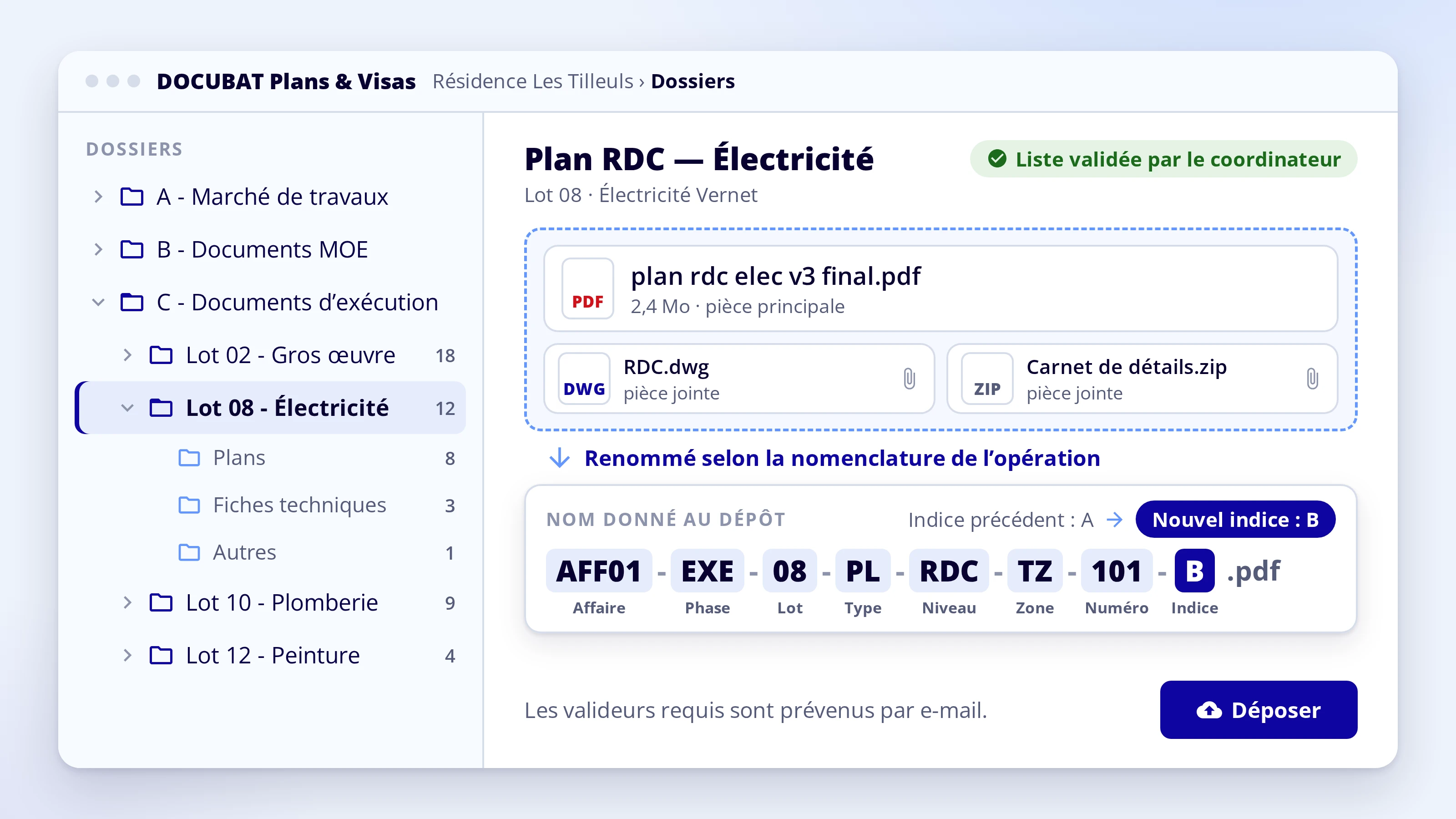 Dépôt d’un plan par une entreprise : renommage selon la nomenclature et indice automatique